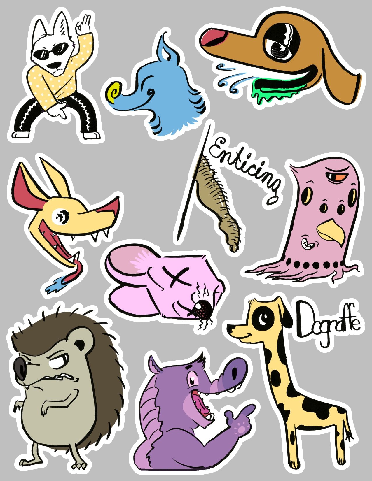 An assortment of ten different cartoon characters and designs with white space between them for cutting out as stickers.