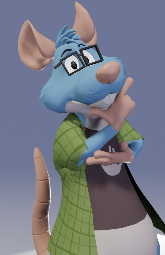 A smooth shaded render of a 3D model on a simple gradient background; it's a blue cartoon rat character standing upright in a shirt with dark rim glasses, looking at the viewer with the right hand under the chin and the left hand touching the right elbow.